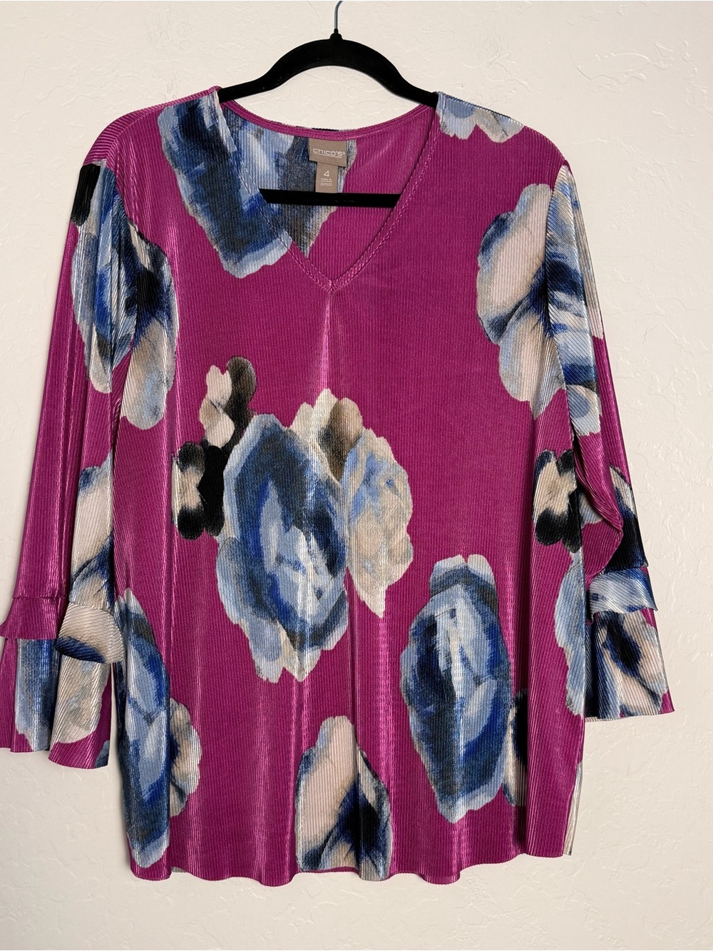 Chico's Women's XXL/20 Womens Ribbed Blouse Magenta/Pink Audacious Floral V‑Neck